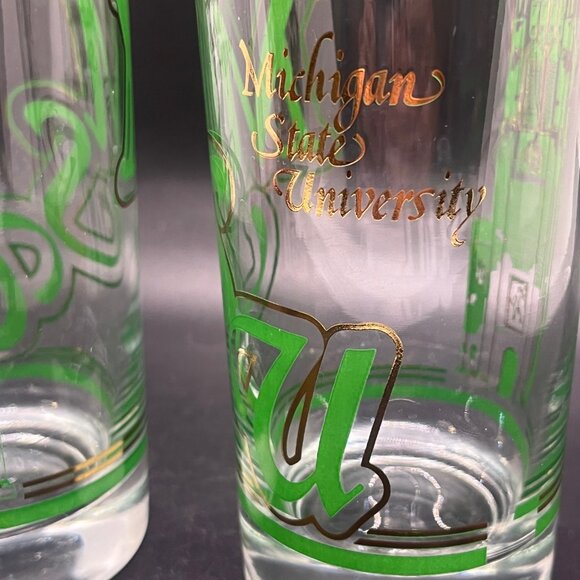 MSU Mich State Green‎ & Gold Trimmed MCM Vintage High Ball Glass Tumblers Set 2 - Picture 3 of 9